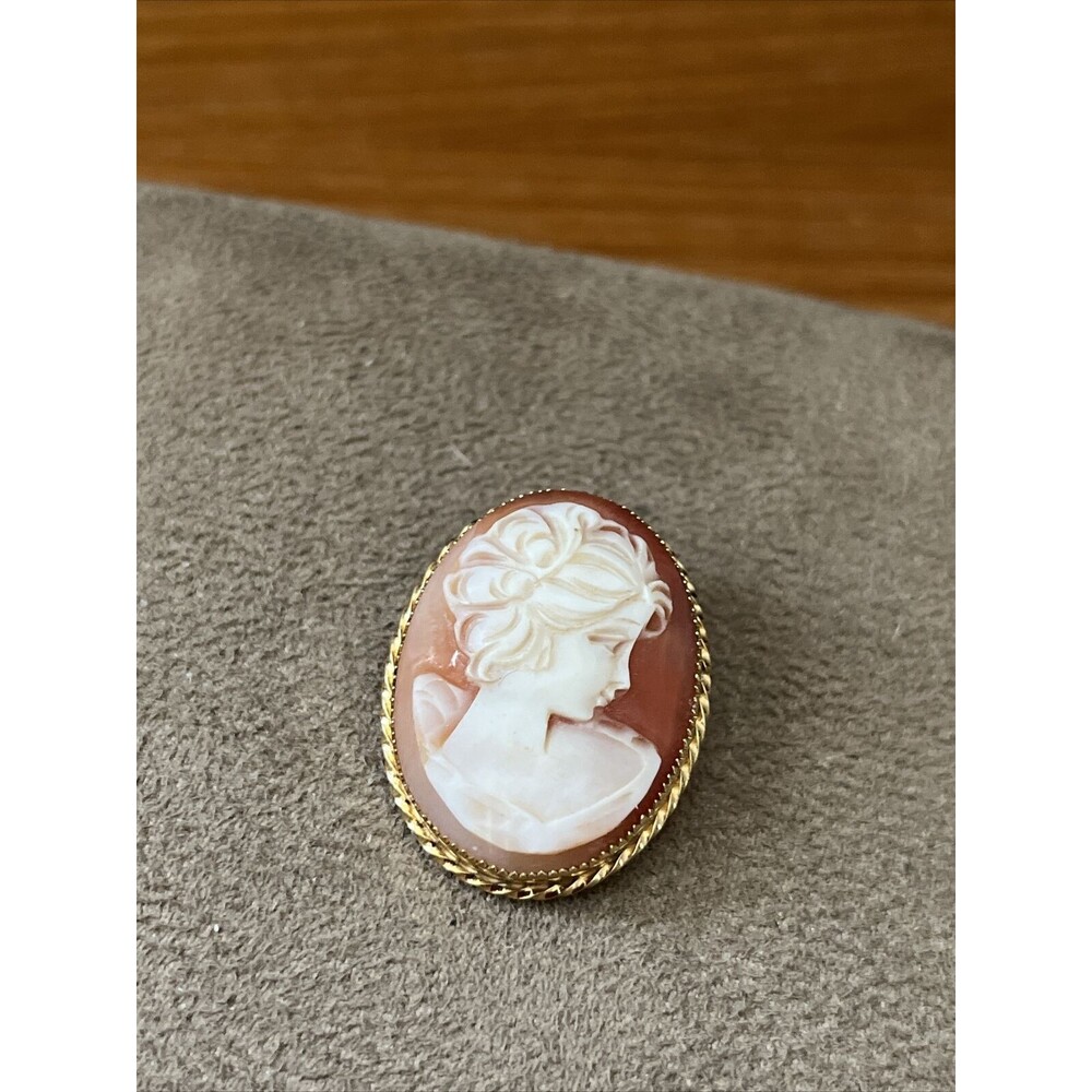 Vintage carved shell Cameo maiden 12K yellow gold filled JMS  pin brooch